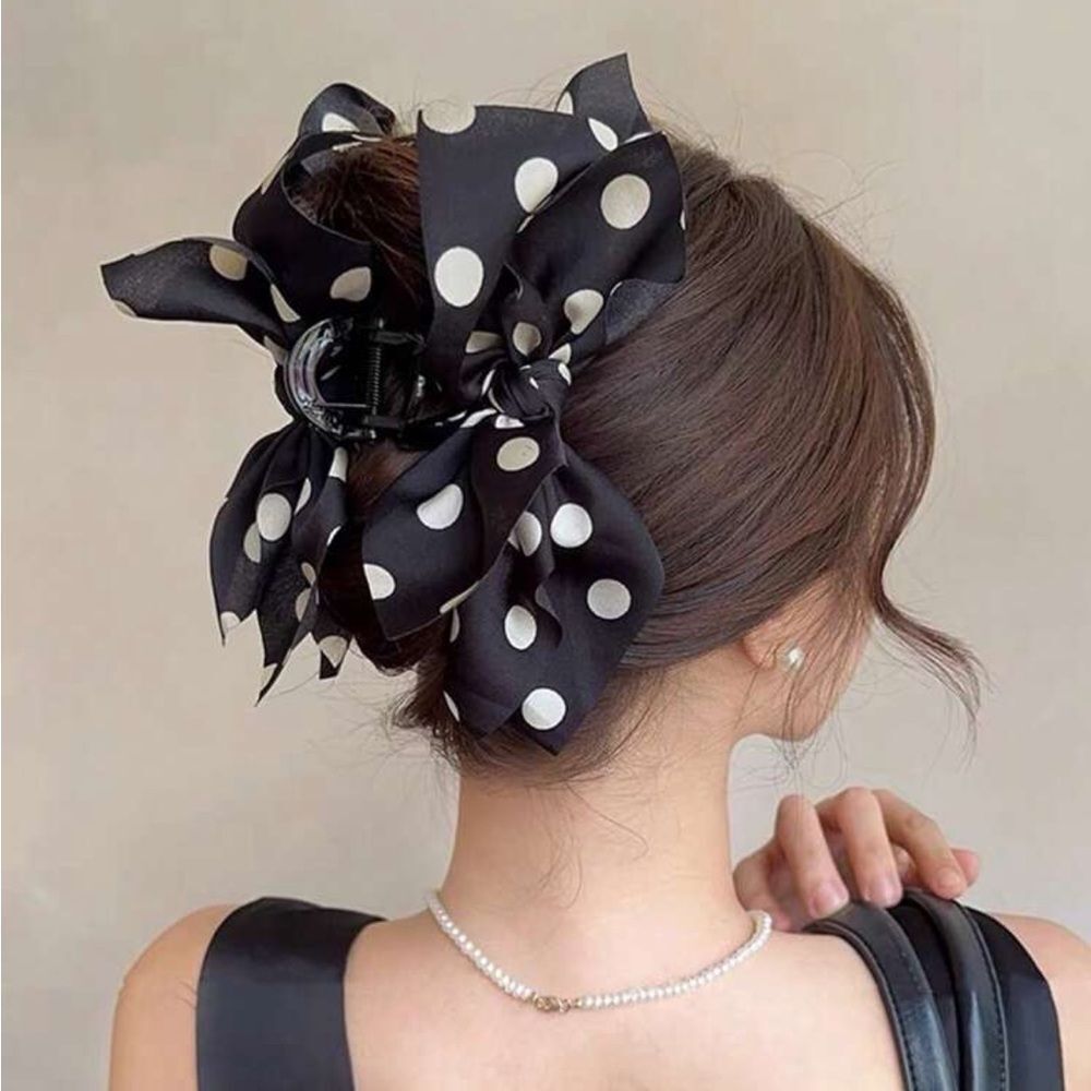 Black Polka Dot Bow Hair Clip N1456 - Picture 2 of 5